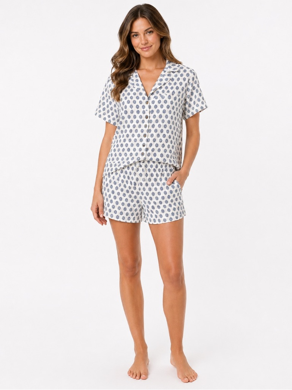 Tahari Women's Short 2pc Lounge Pajama Set Ditsy White Floral Sleepwear Size L